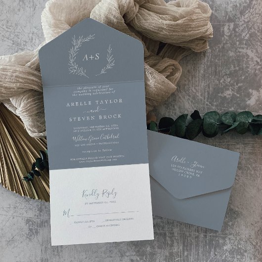 Minimaal blad | Blauw en Wit Eenvoudige RSVP Bruil All In One Uitnodiging