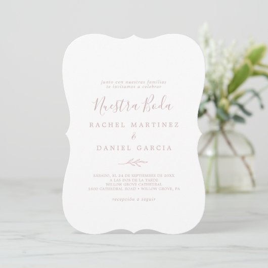 Minimaal blad | Blush Pink Spanish Nuestra Boda Kaart (Staand voorkant)