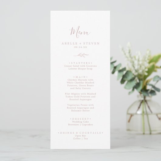Minimaal blad | Blush Roze Bruiloft Diner Menu (Staand voorkant)