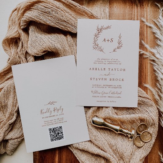 Minimaal blad | Boho Crème Monogram QR Code Bruilo Kaart