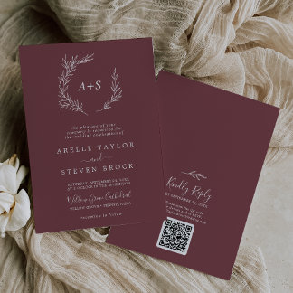 Minimaal blad | Bourgogne Monogram QR Code Bruilof Kaart