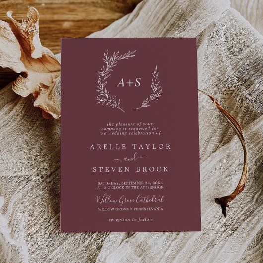 Minimaal blad | Bourgondische formele monogram bru Kaart