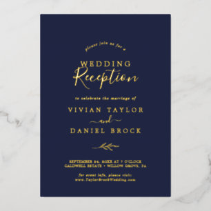 Minimaal blad Goud folie Navy Trouwreceptie Uitnodiging