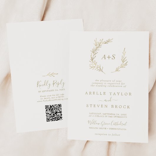 Minimaal blad | Goud Monogram QR Code Bruiloft Kaart