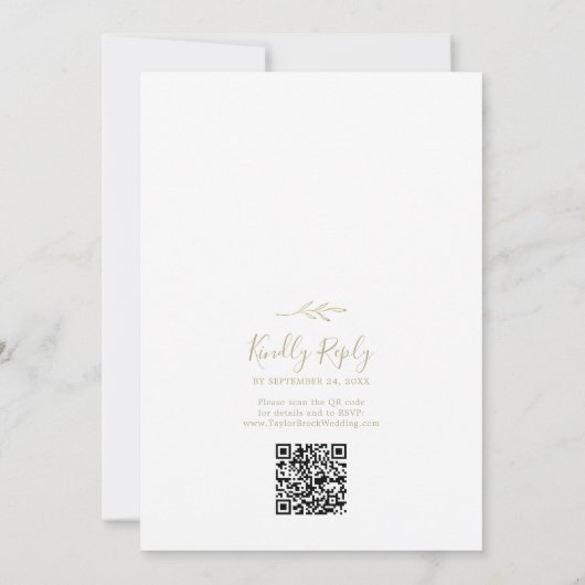 Minimaal blad | Goud Monogram QR Code Bruiloft Kaart (Achterkant)