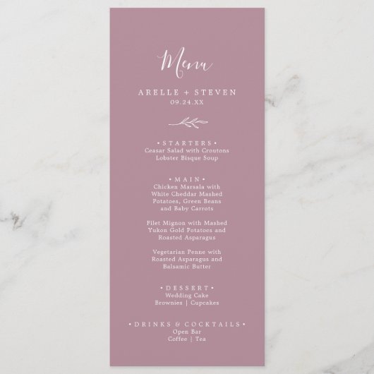 Minimaal blad | Mauve Bruiloft Diner Menu (Voorkant)