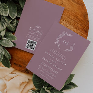 Minimaal blad   Mauve Monogram QR Code Bruiloft Kaart
