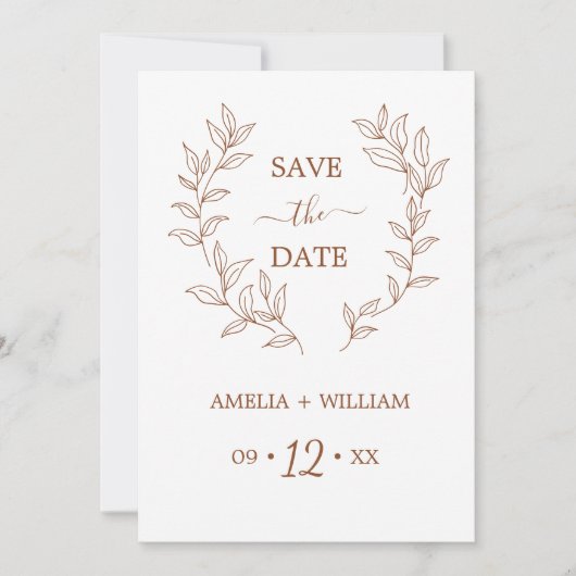 Minimaal blad monogram Save the Date Trouw (Voorkant)