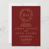 Minimaal blad | Rode Formele Monogram Bruiloft Kaart (Voorkant)