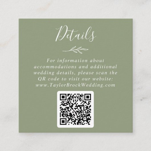 Minimaal blad | Sage Green QR Code Trouwgegevens Informatiekaartje (Voorkant)