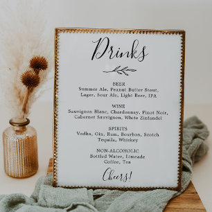 Minimaal blad Zwart-wit bruiloft Drinken Menu Poster