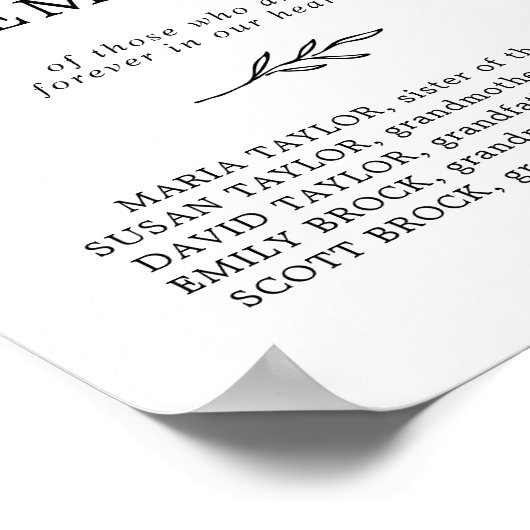 Minimaal blad zwart wit in liefdevolle herinnering poster (Hoek)