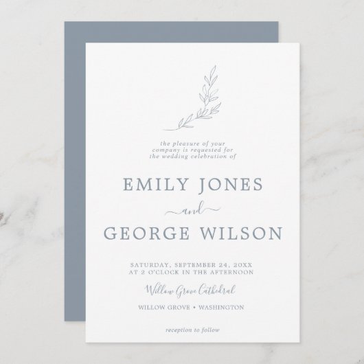 Minimaal bladblauw en wit plechtig monogram huweli kaart (Voorkant / Achterkant)