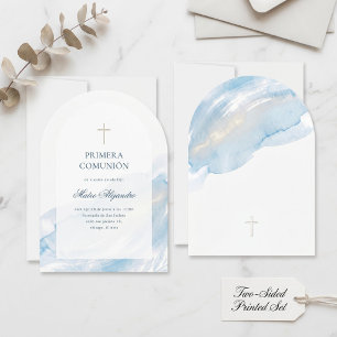 Minimaal Blauw Aquarel Spaanse Primera Comunion Kaart