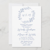 Minimaal blauw en wit Boho Botanische bruiloft Kaart (Voorkant)