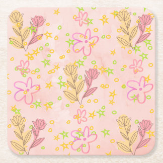 Minimaal bloemendoodlepatroon -pastelkleur kunst vierkante kartonnen onderzetter
