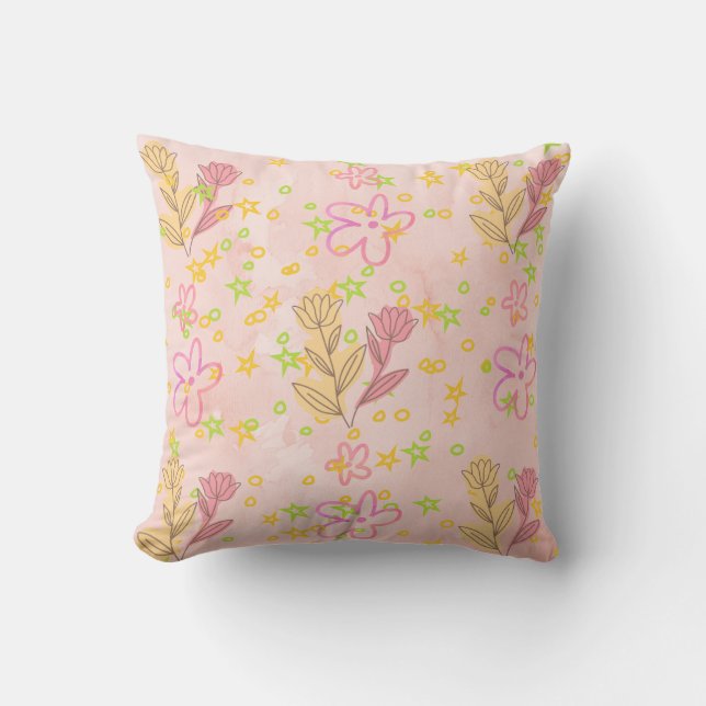 Minimaal bloemmotief met Doodle-patroon –Zachtroze Kussen (Voorkant)