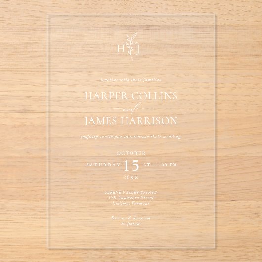 Minimaal Boho Botanisch Monogram Huwelijk Acryl Uitnodigingen (Voorkant)