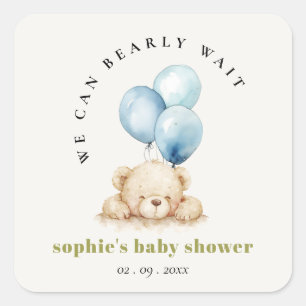 Minimaal Chic Blue Bearly Wachtballon Baby shower Vierkante Sticker