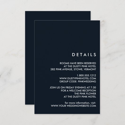Minimaal Chic Dark Blue | Details van de bruiloft Kaart (Voorkant / Achterkant)