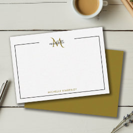 Minimaal chique zwart-gouden monogram notitiekaartje
