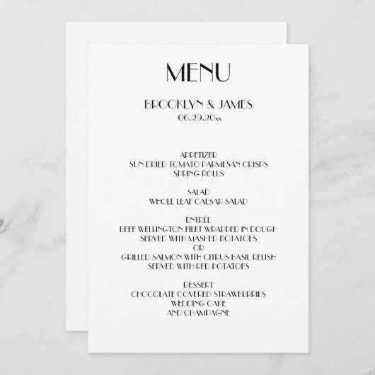 Minimaal Deco witte trouwmenu kaart (Voorkant / Achterkant)