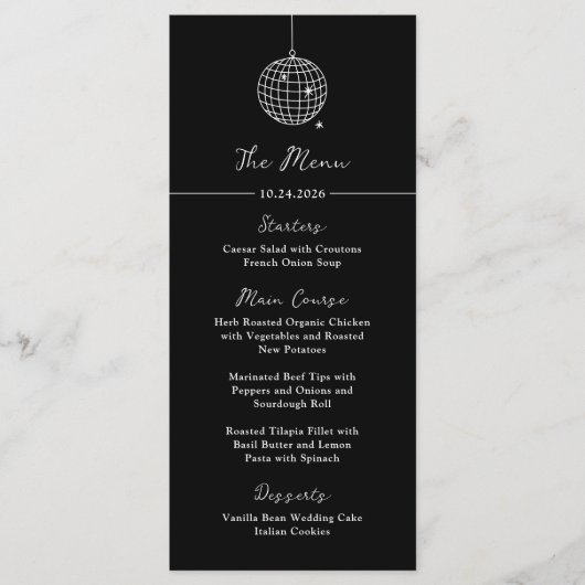 Minimaal discobal | zwarte bruiloft menu (Voorkant)