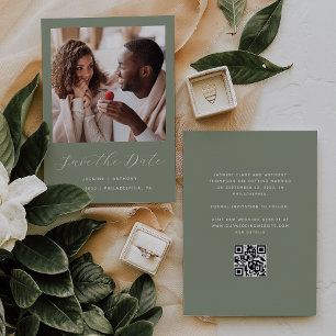 Minimaal één fotoscript QR-code Sage Green Save The Date