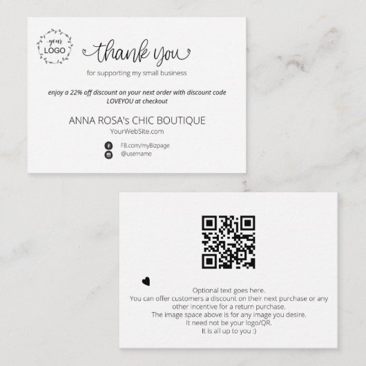 *~* Minimaal Eenvoudig Dank U Logo QR Informatiekaartje (Voorkant / Achterkant)