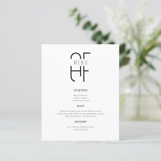 Minimaal eenvoudig monogram modern wit Diner Menu (Staand voorkant)
