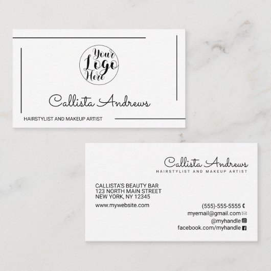 Minimaal Eenvoudig Wit Zwart Rand Script Logo Visitekaartje (Voorkant / Achterkant)