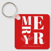 Minimaal Elegant Helder Rood Wit Vrolijk Kerstfees Sleutelhanger (Voorkant)