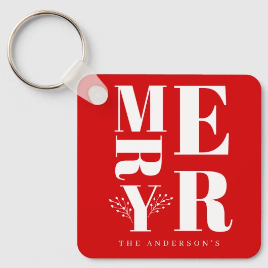Minimaal Elegant Helder Rood Wit Vrolijk Kerstfees Sleutelhanger (Voorkant)