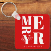 Minimaal Elegant Helder Rood Wit Vrolijk Kerstfees Sleutelhanger (Voorkant)