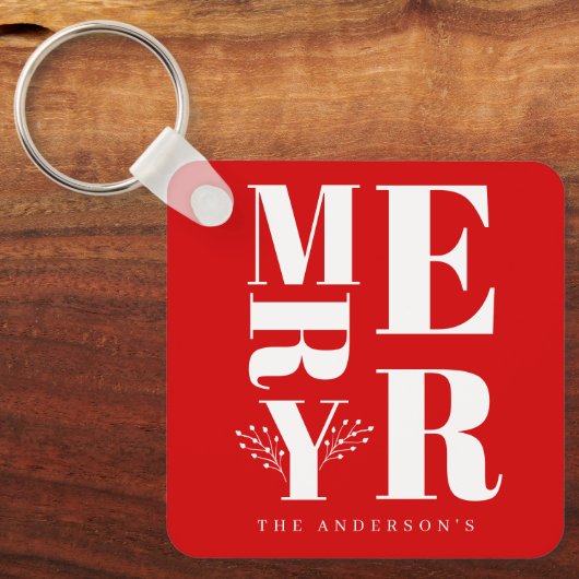 Minimaal Elegant Helder Rood Wit Vrolijk Kerstfees Sleutelhanger (Voorkant)