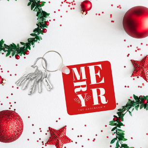 Minimaal Elegant Helderrood Wit Kerstmis Sleutelhanger