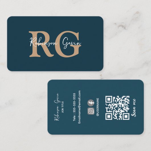 Minimaal Elegant Monogram Marine Blauw QR Code Visitekaartje (Voorkant / Achterkant)