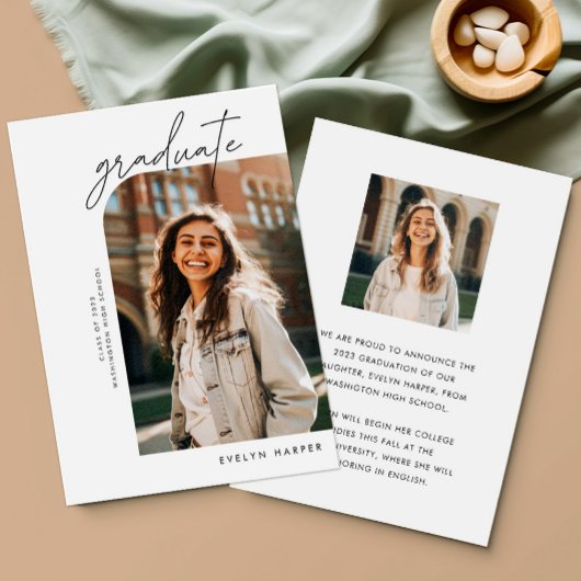 Minimaal Elegant Script Arch Two Photo Afstuderen Aankondiging