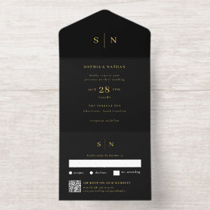 Minimaal en Chic Zwart QR Code Trouwkaart Goud F All In One Uitnodiging