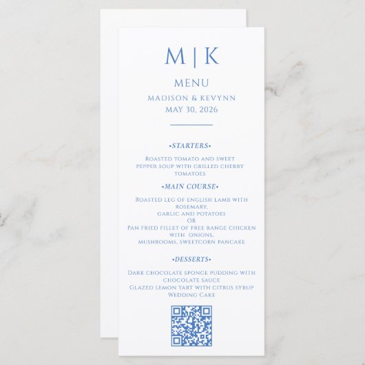 Minimaal en chique | Blue Wedding QR-code Menu (Voorkant / Achterkant)