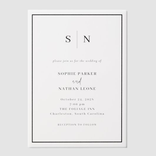 Minimaal en chique | Monogram Zwarte Grens Trouwen Vellum Uitnodigingen (Voorkant)