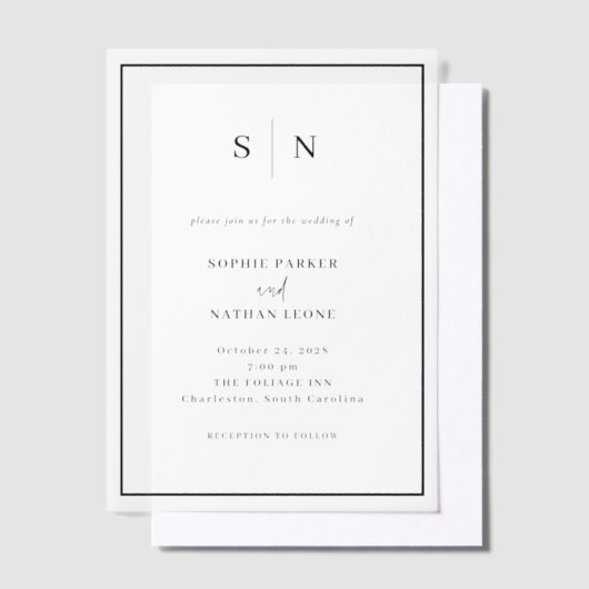 Minimaal en chique | Monogram Zwarte Grens Trouwen Vellum Uitnodigingen (Offset)