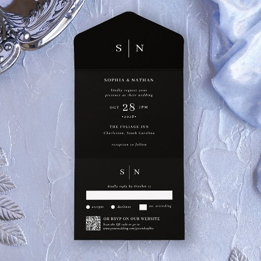 Minimaal en chique zwart | QR-code bruiloft All In One Uitnodiging