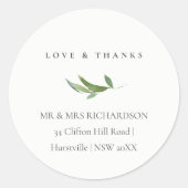 Minimaal Foliage Greenery Address Love & Bedankt Ronde Sticker (Voorkant)