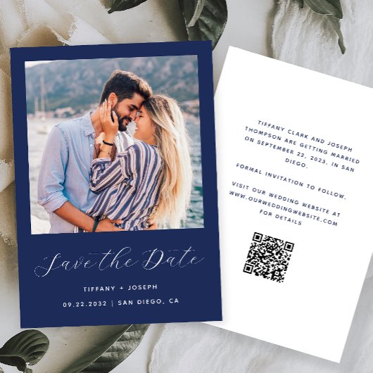 Minimaal foto-script Navyblauw QR-code Save The Date