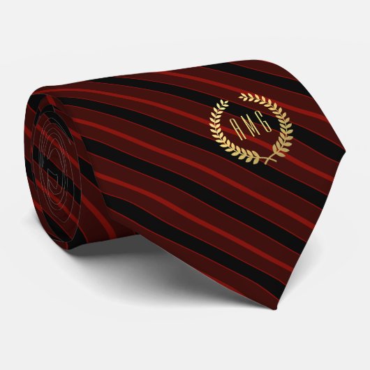 Minimaal gebogen goudmonogram rood | Zwarte streep Stropdas (Opgerold)