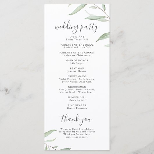 Minimaal groen rustiek trouwprogramma menu (Achterkant)