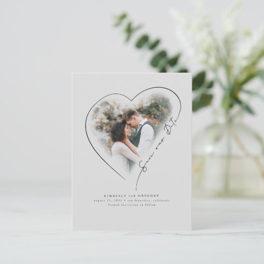 Minimaal liefhebbend hart opslaan Datum foto Aankondigingskaart (Staand voorkant)