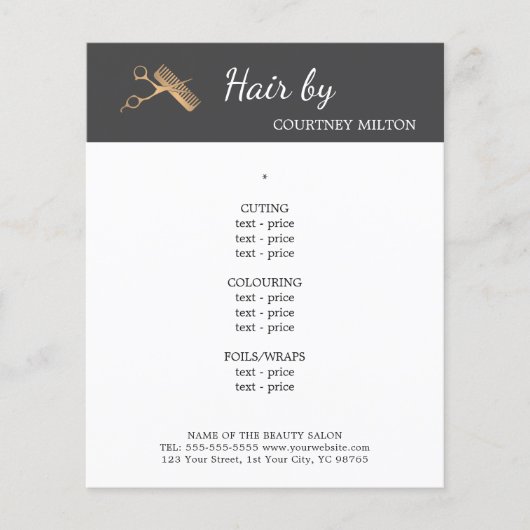Minimaal menu Faux Gold Scissors Comb Haarstylist (Voorkant)