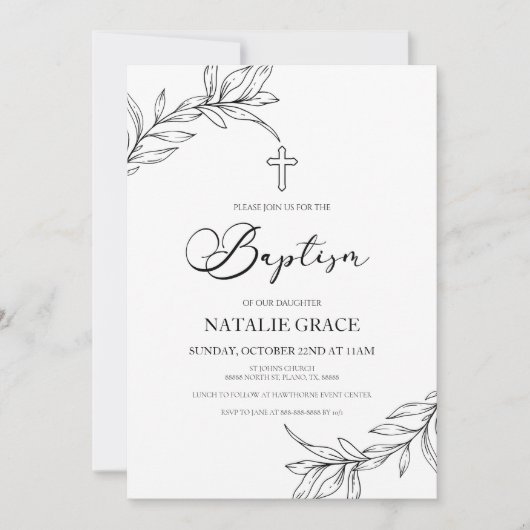 Minimaal Minimalistisch Tak Bladeren Doop Kaart (Voorkant)